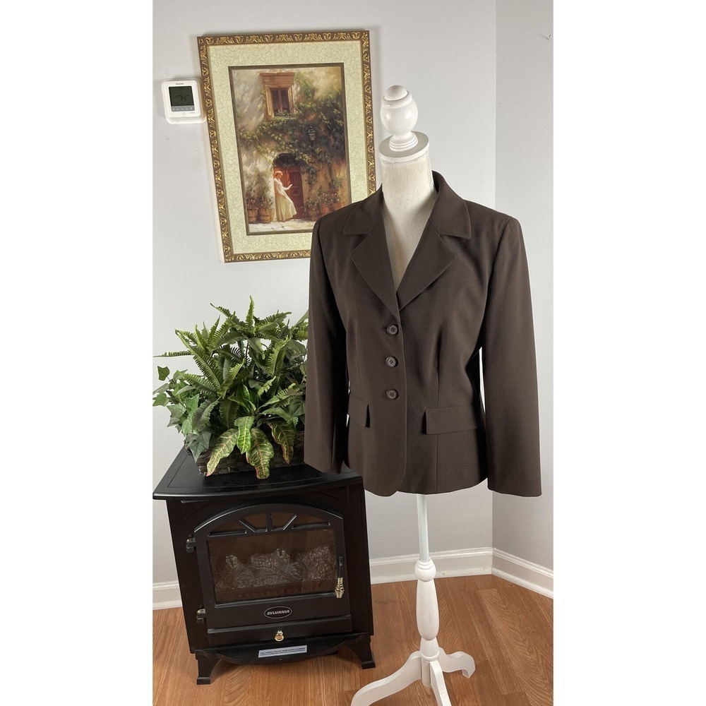 Josephine Chaus Womens Jacket Brown Lapel Collar Long Sleeve Lined 3 Button Open